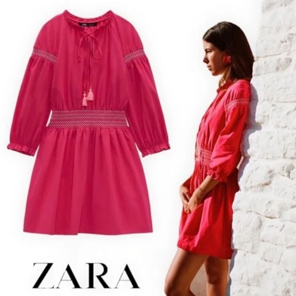 Zara Fuchsia Smocked Poplin Dress Contrast Embroidered Trim Pink Barbie Size XS